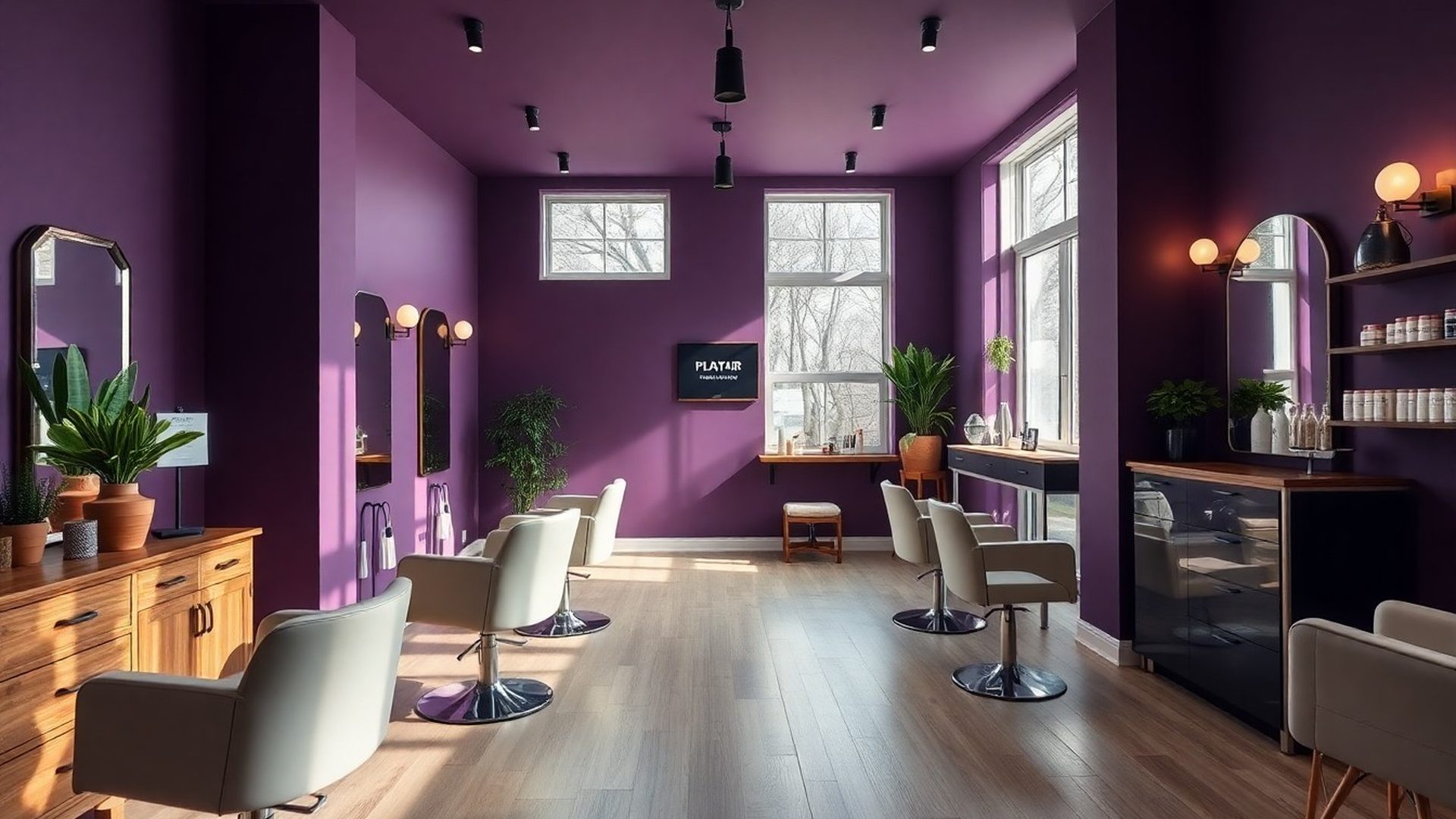 Interior of Mintbterra studio with deep violet walls and northern light