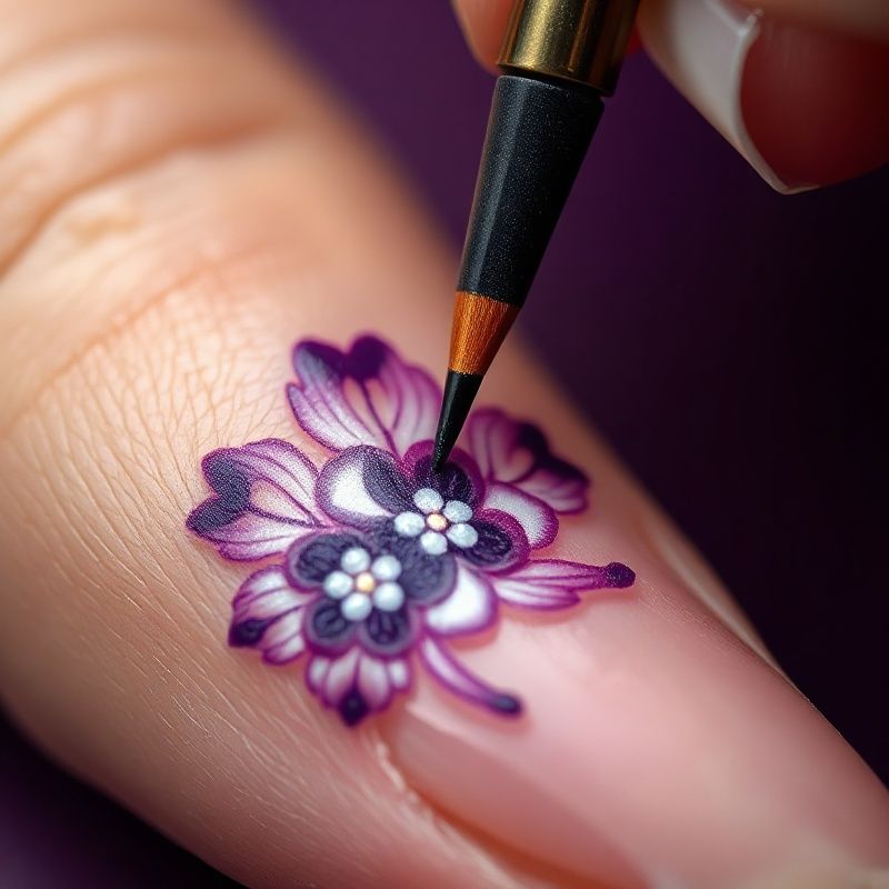 Detailed botanical nail art being painted with a liner brush