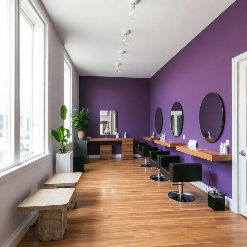 Wide interior of the Mintbterra studio with violet accent walls